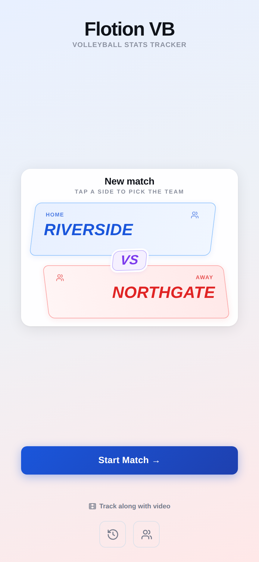 The setup screen: two skewed team plates, home and away, with a VS mark between them